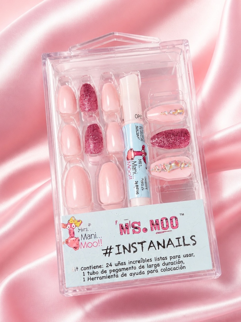 Ms. Moo Pink Press-On Nail Set with Glitter & Gems